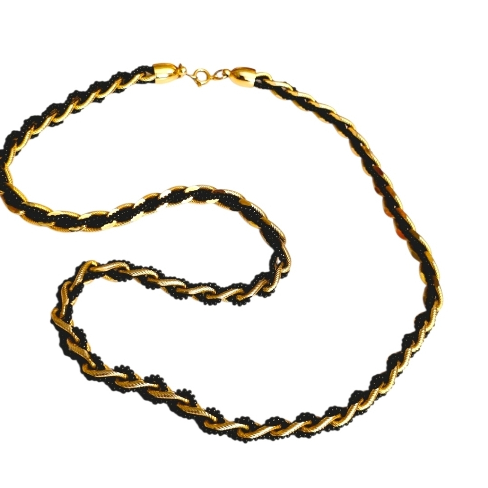 Vintage TRIFARI Black Beaded & Gold Thick Rope Style Necklace